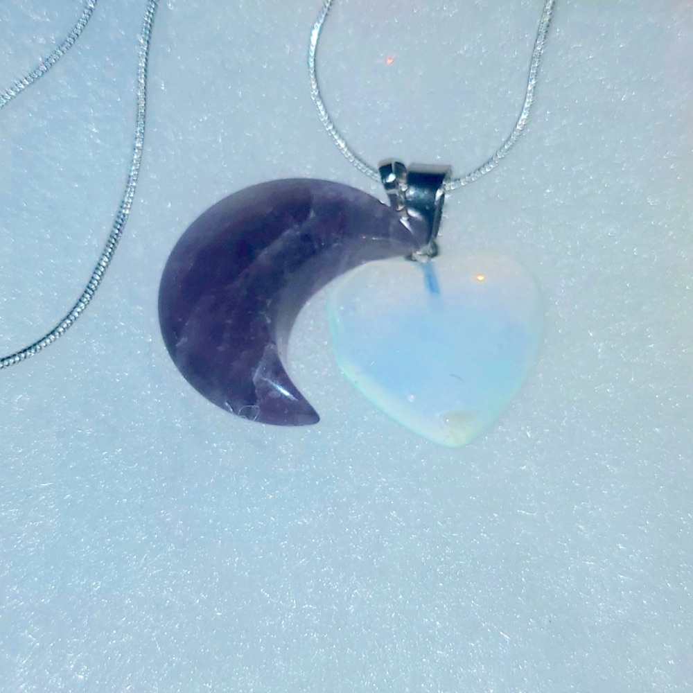 Boho hippie Amethyst Moon and Opal Crystal heart Sterling Silโฆ